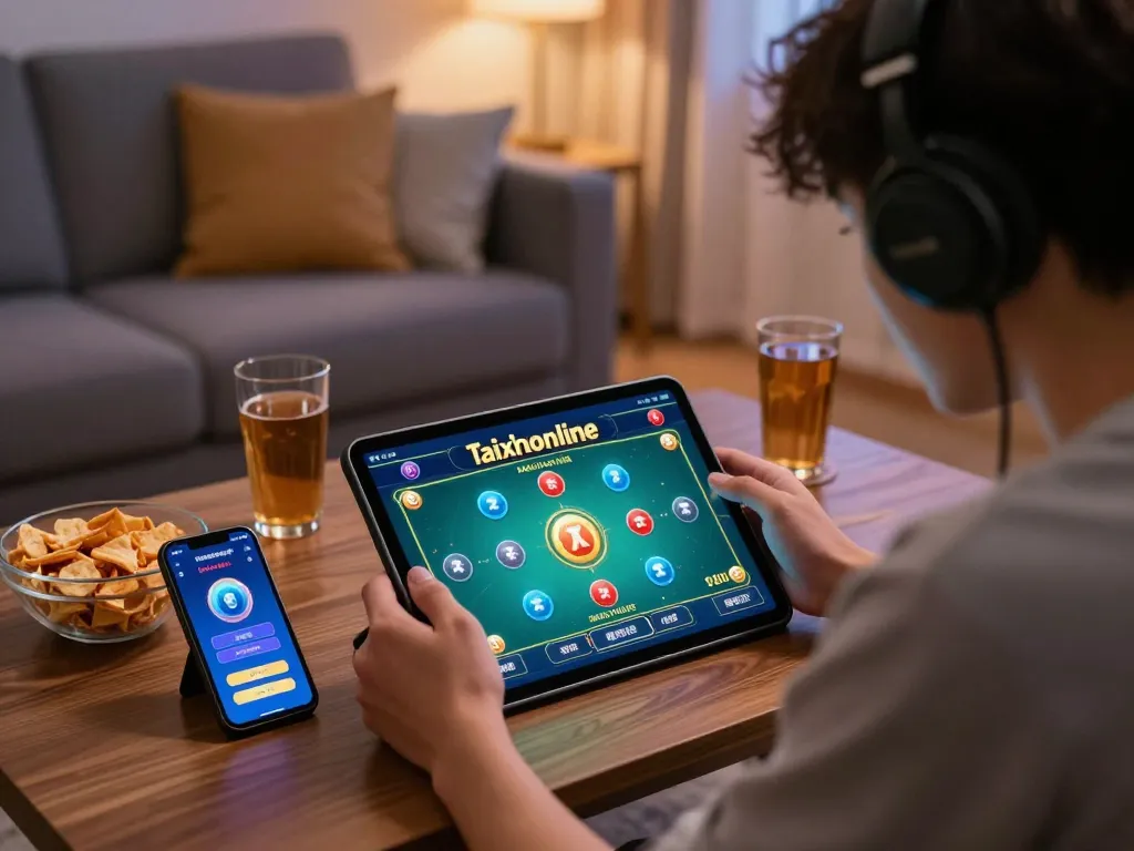 Engaged player enjoying taixiuonline game on tablet in a cozy home setting, showcasing responsible gaming.