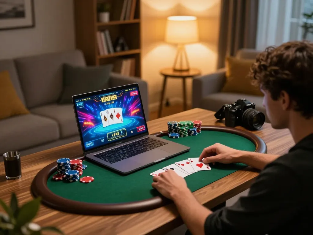 Engaging in online poker at home, a vibrant sun win gaming experience on a laptop, chips scattered around.