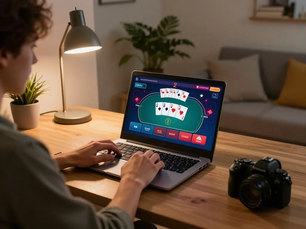 B52 online gaming setup with a player engaging confidently with poker on a laptop.