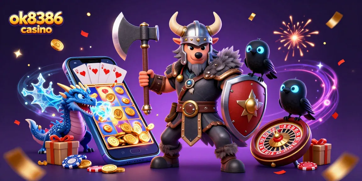 Engage with the vibrant scene of ok8386 casino featuring a Viking wolf warrior, dragon, and gaming elements.