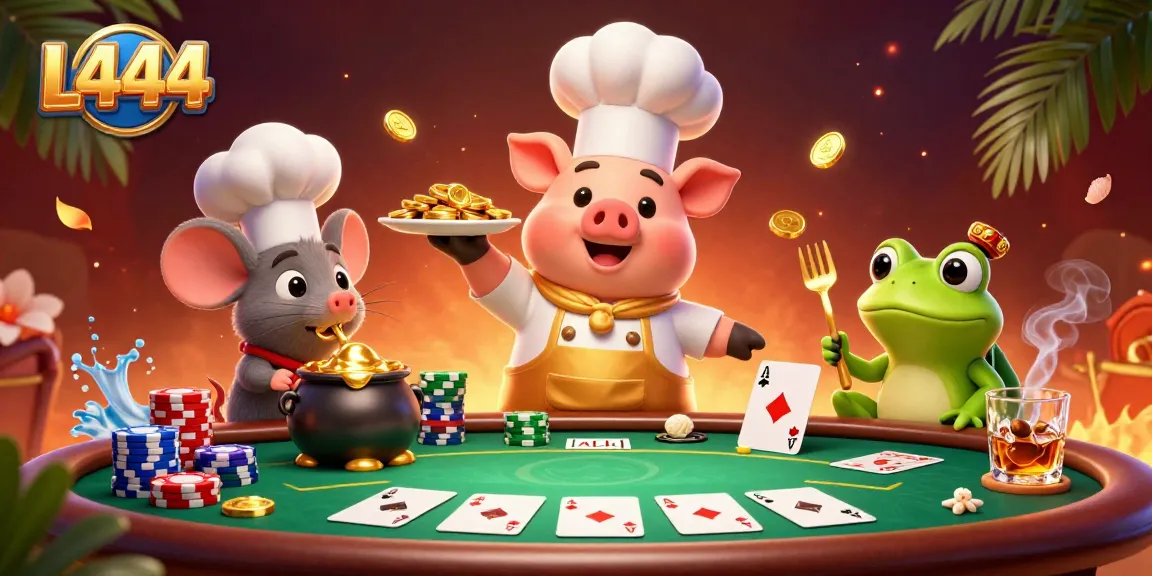 Experience thrilling gameplay at L444 with gold coins, poker chips, and animated characters.