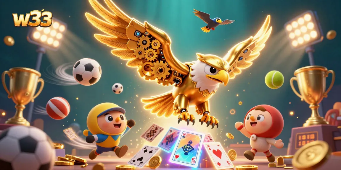 Experience w33 gaming with a stunning golden eagle amidst dynamic casino elements.