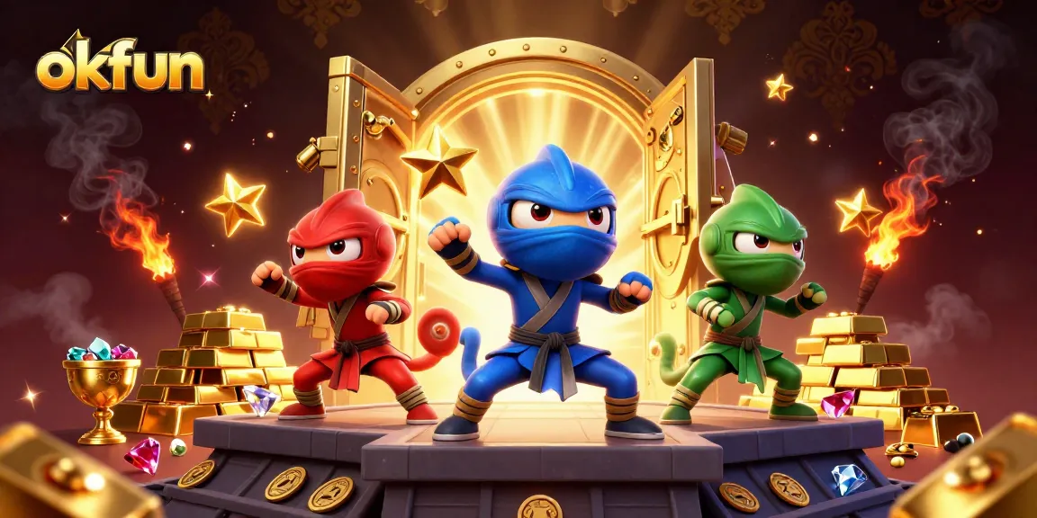 okfun showcases thrilling action with cartoon chameleons performing martial arts among gold and jewels