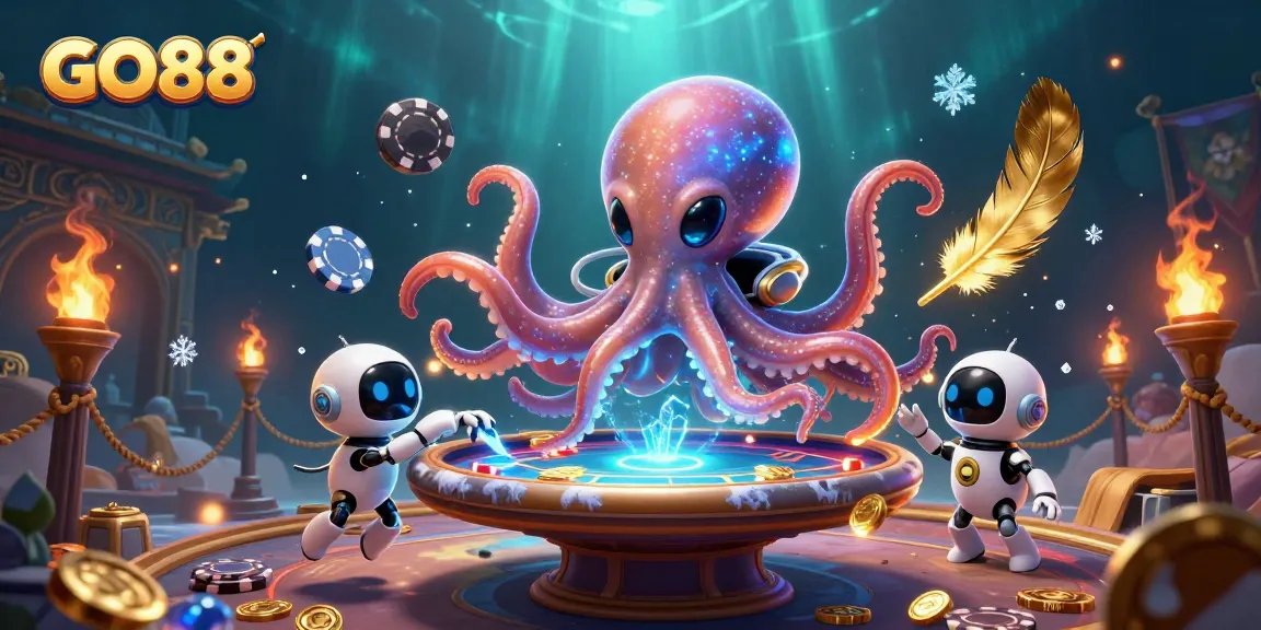 Engage in thrilling gameplay with GO88 as the alien octopus operates a holographic poker table amidst vibrant casino elements.