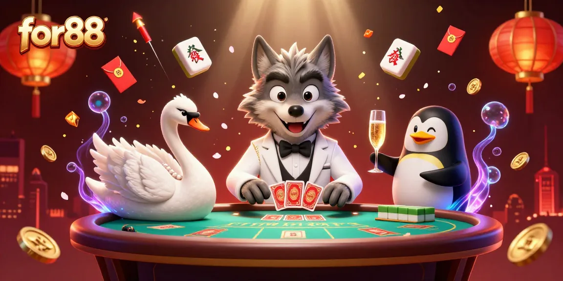 Join the excitement at for88, where a debonair wolf, elegant swan, and sophisticated penguin navigate a vibrant baccarat scene.