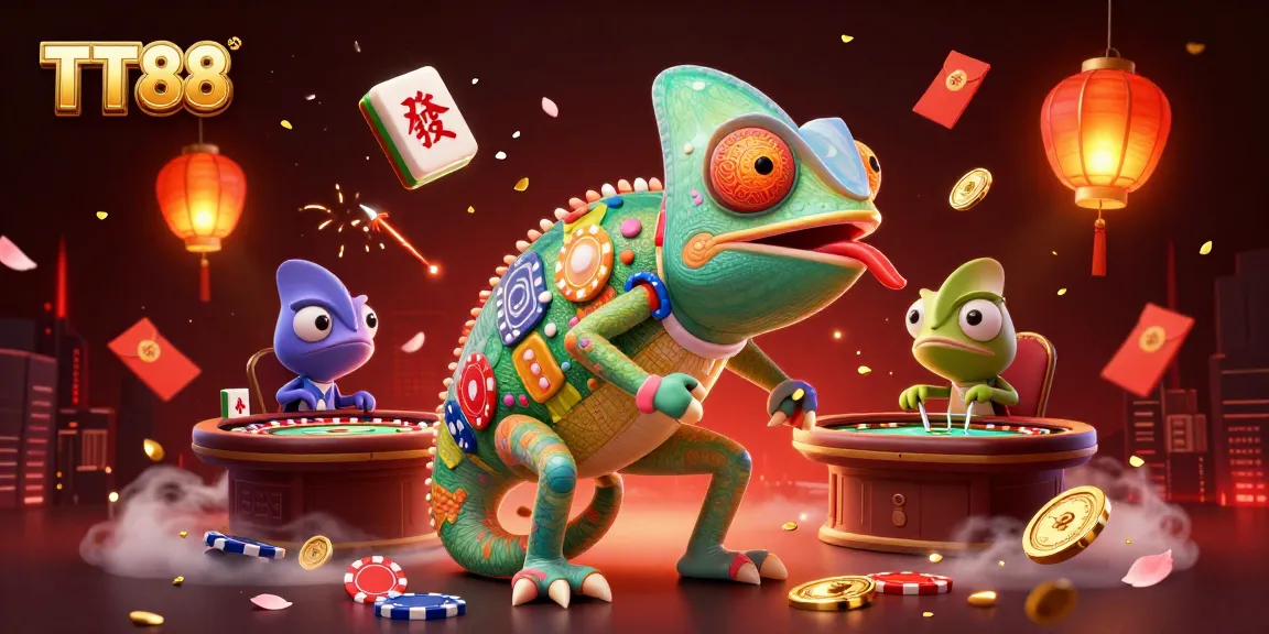 TT88 lively casino scene with a chameleon owner and dynamic game elements.