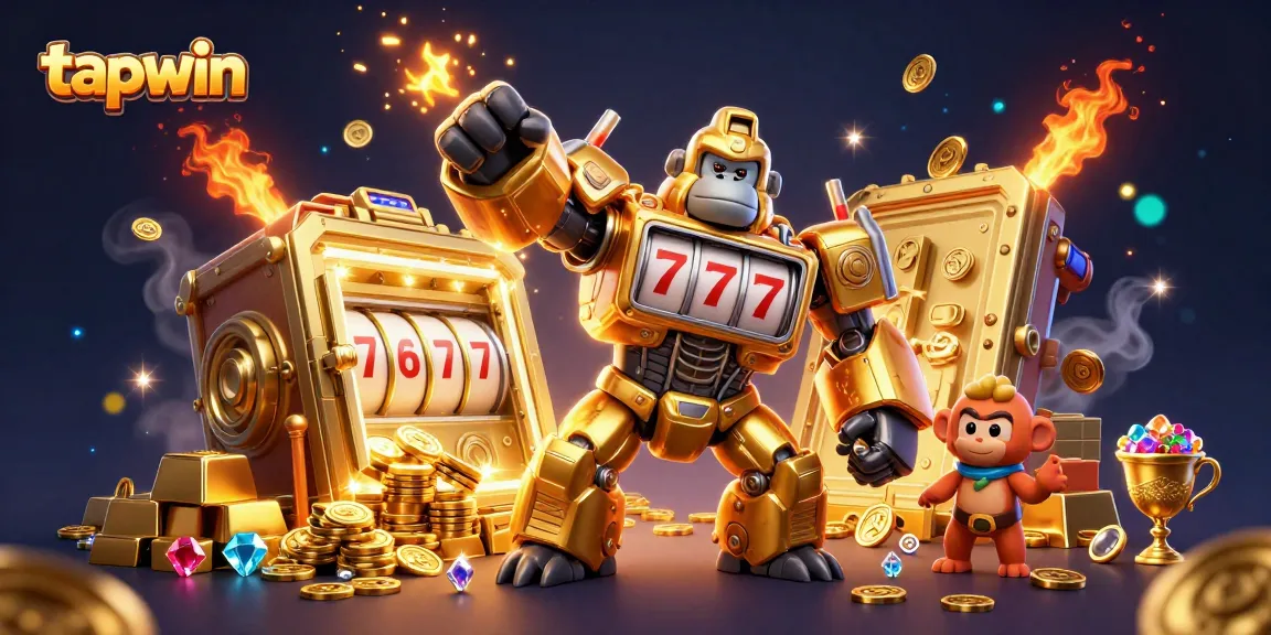 Tapwin promotes excitement with a golden gorilla mech surrounded by treasures and rich casino elements.