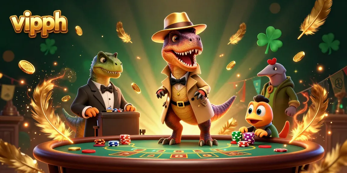 Engage with the lively vipph scene featuring a velociraptor at a blackjack table, showcasing dynamic action and gaming elements.