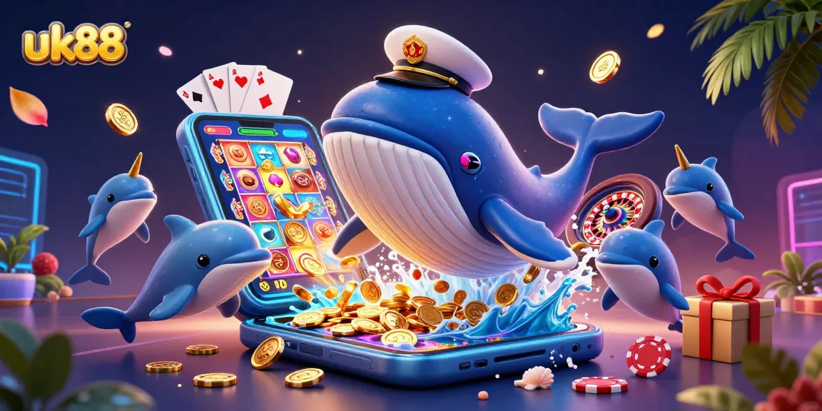 Engage with uk88 as a stunning whale character leaps through coins in an exhilarating casino scene.