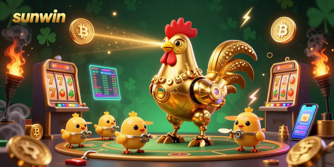 Discover joyful winnings at Sunwin with a vibrant 3D illustration of a golden rooster celebrating gambling success.