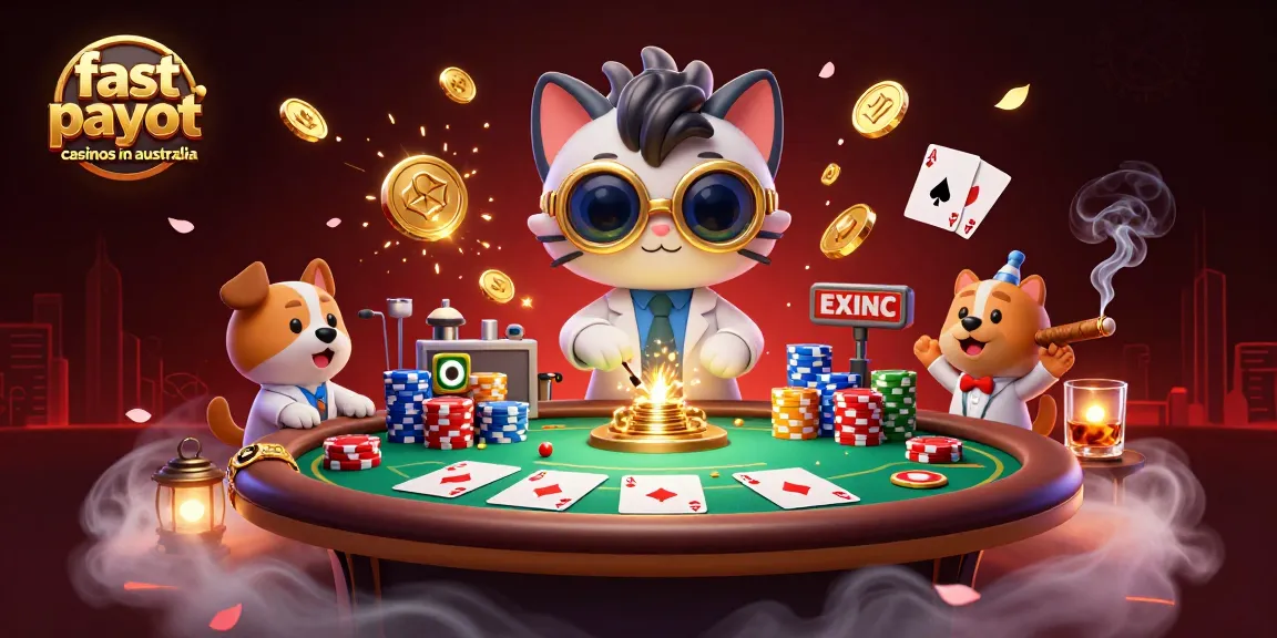 Reveal the excitement of fast payout casinos in Australia with a cartoon scene featuring a mad scientist cat and loyal dog.
