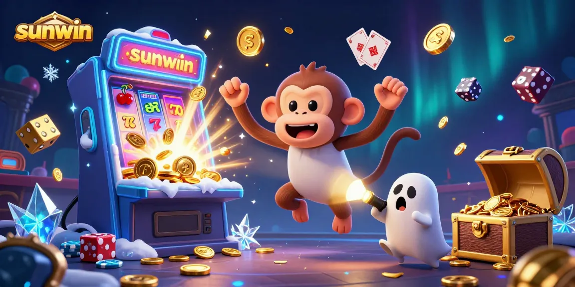 Experience exciting gameplay at sunwin, featuring a lively haunted casino scene with characters juggling golden rewards.