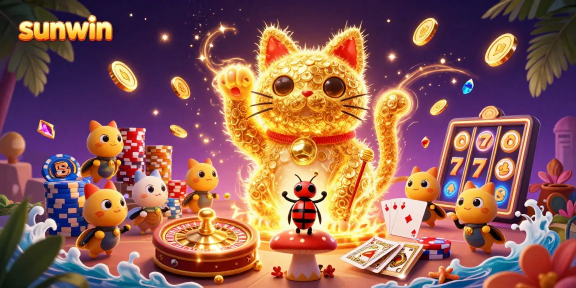 Play dynamic casino games with sunwin's glowing lucky cat and exciting symbols, showcasing vibrant energy.