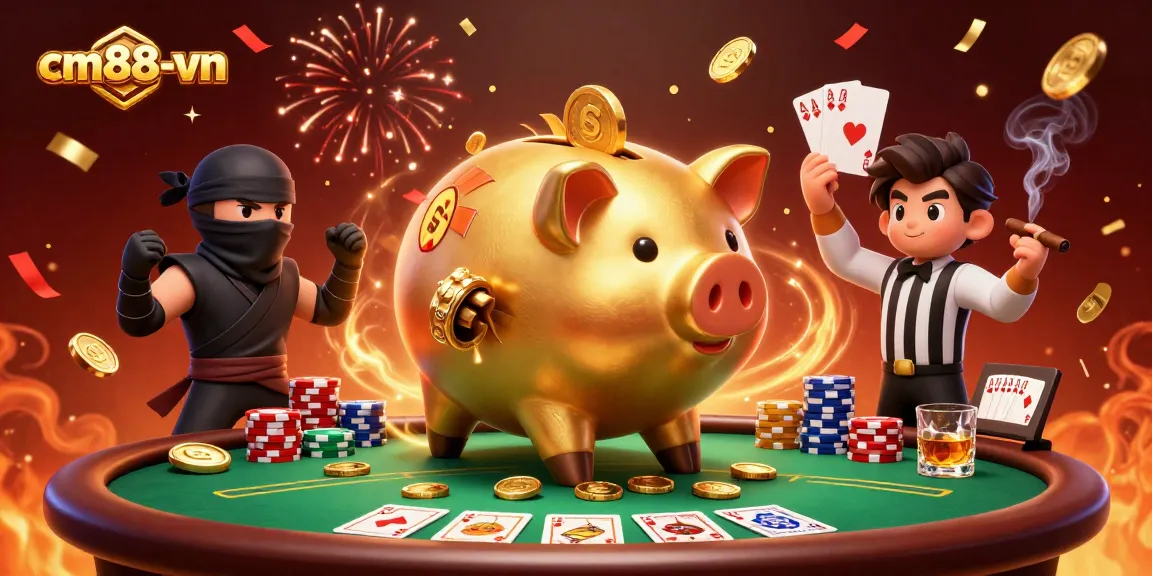 Engage with cm88-vn's colorful gaming scene featuring a sumo piggy bank competing in a poker showdown.