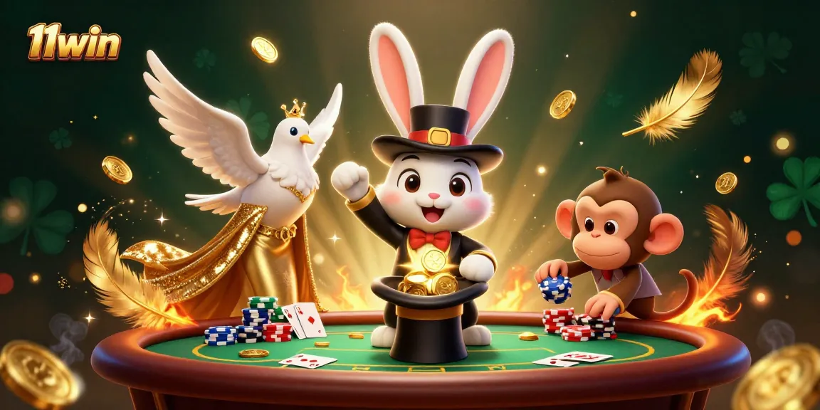 Join the fun at 11win with a magician rabbit, a dove, and a monkey in a lively poker scene.