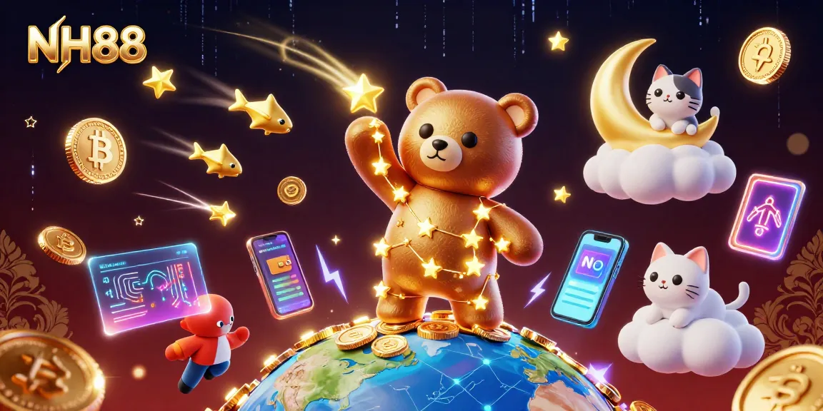 Engage with NH88's vibrant casino setting, featuring a constellation bear amidst glowing coins and cryptocurrency.
