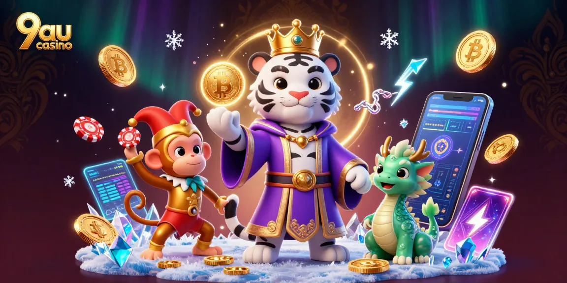 Win at 9au casino with an enchanting scene of a regal tiger, a juggling monkey, and a living dragon.