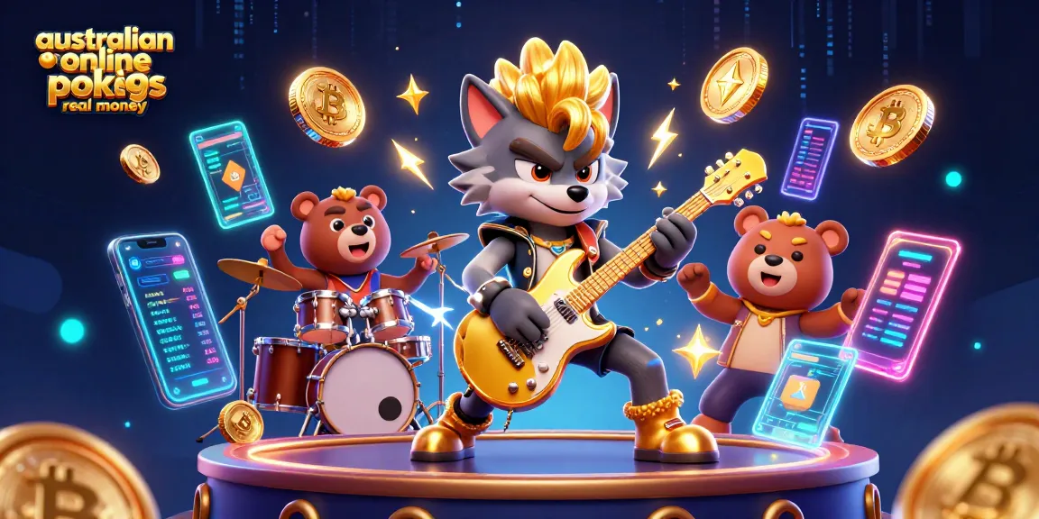 Experience the thrill of australian online pokies real money with a rock star wolf and drummer bear on stage.